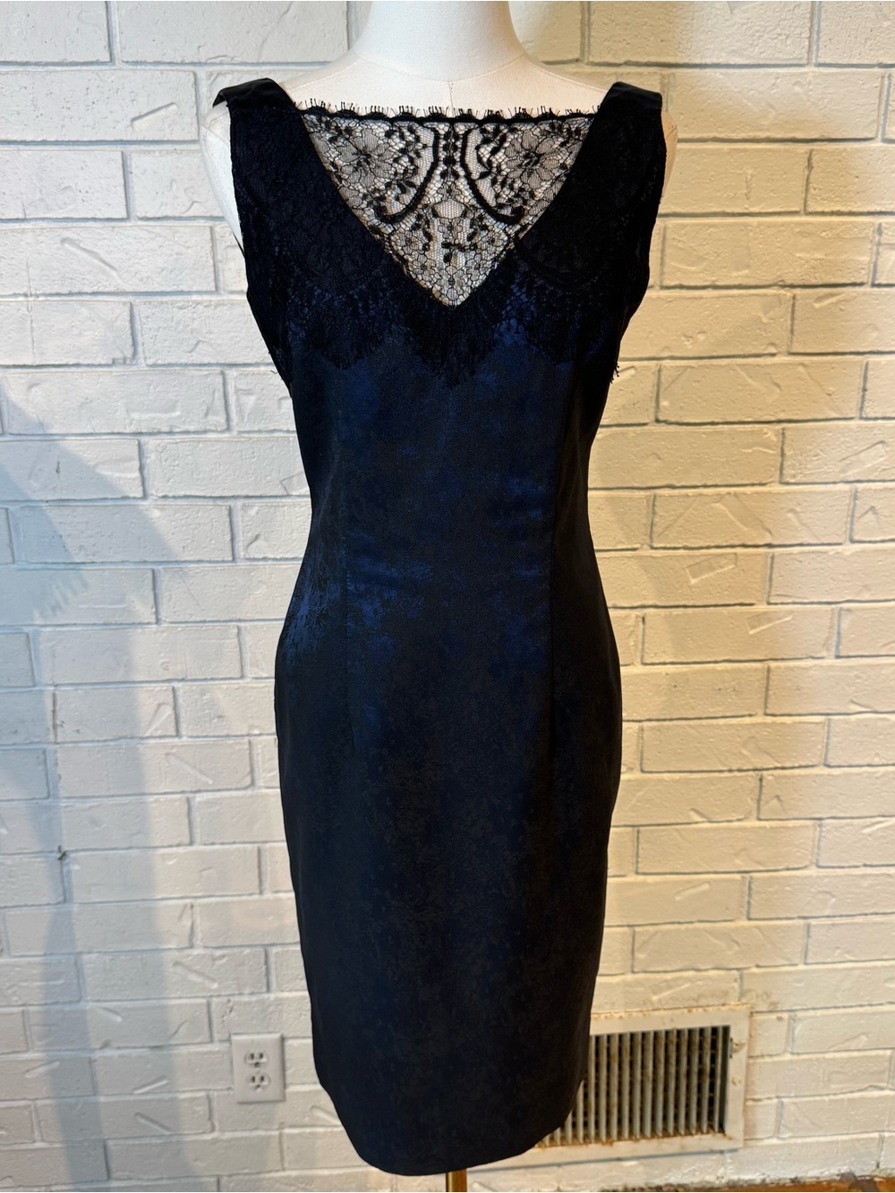 Theia Black Blue Lace Damask Sheath Cocktail Dress Womens 4